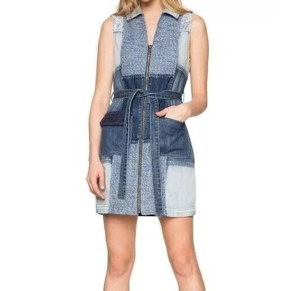 Desigual Betula Sleeveless Denim Dress Size EUR 34 US XS Patchwork Belt Full Zip - Picture 1 of 16